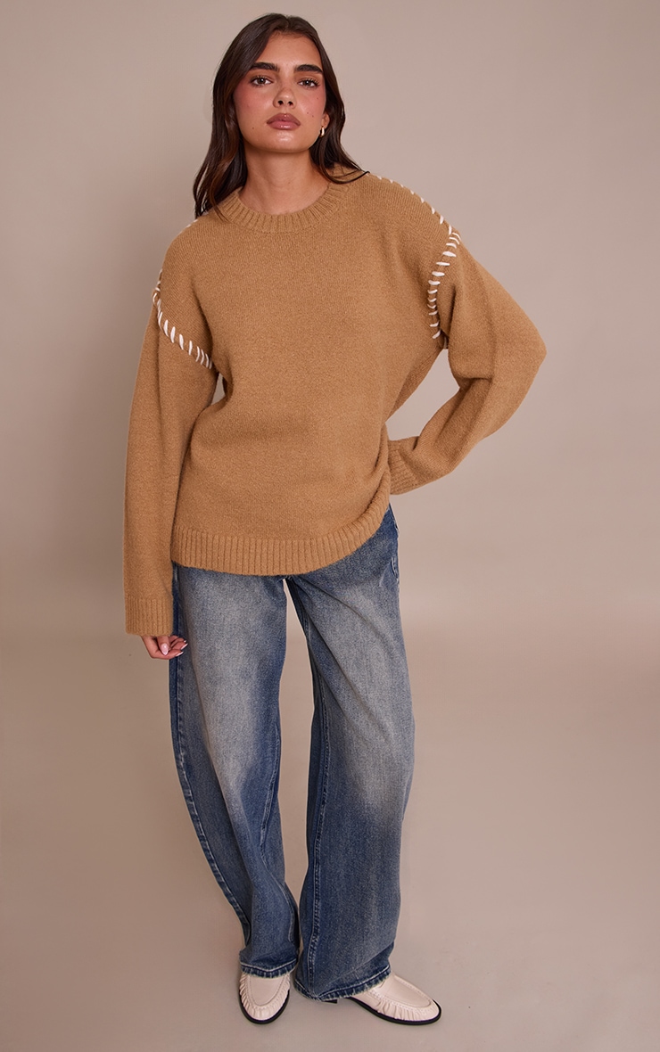 Camel Blanket Stitch Knit Sweater image 3