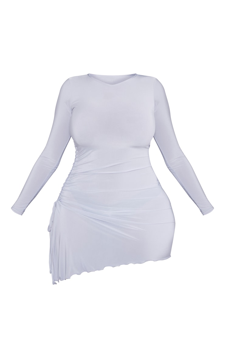 Shape Moss Sand Slinky Long Sleeve Ruched Side Frill Hem Bodycon Dress image 5