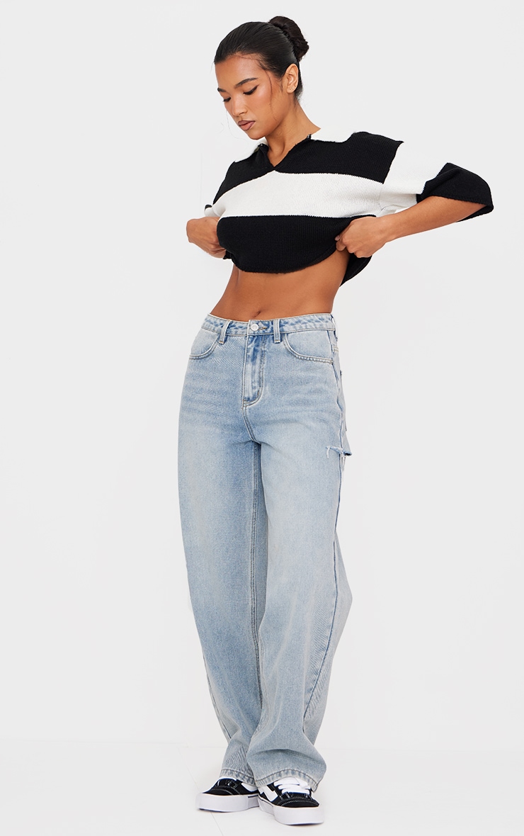 Monochrome Stripe Knit V Neck Cropped Rugby Top image 3