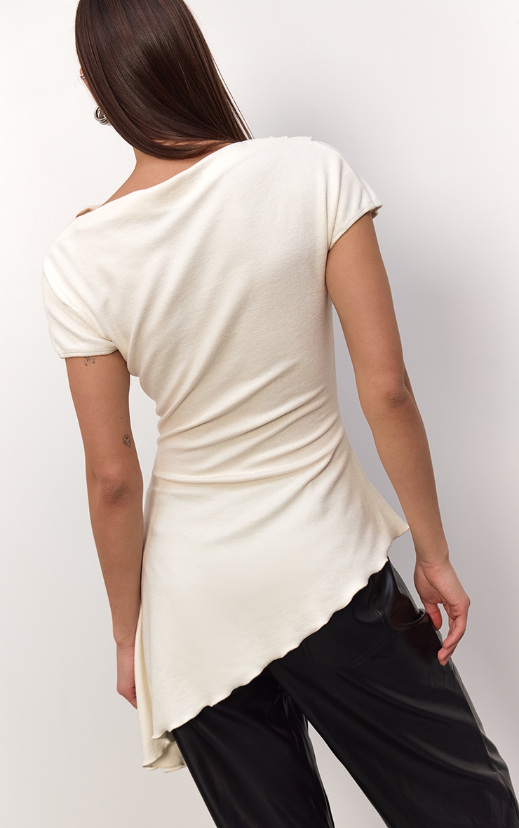 Cream Thick Brushed Jersey Asymmetric Long Top image 2