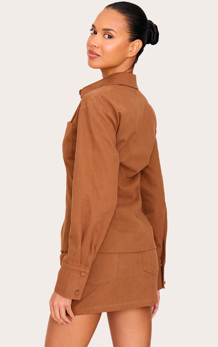 Tan Twill Button Up Cinched Waist Shirt image 2