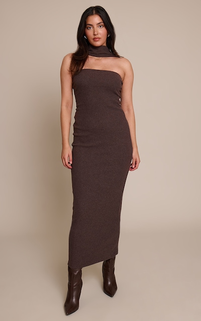 Robe bustier longue brossée côtelée chocolat à détail foulard