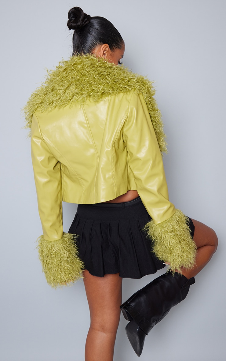 Olive Faux Mongolian Fur Trim Faux Leather Jacket image 2