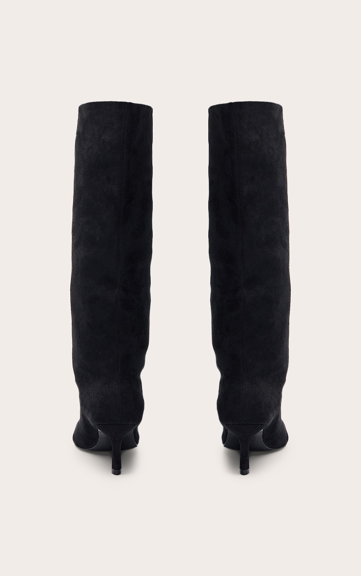 Black Faux Suede Snipped Toe Low Heel Knee Boots image 5