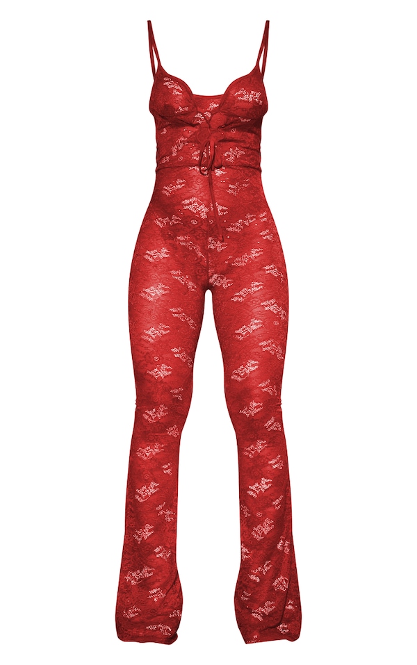 Red Lace Tie Detail Strappy Flared Jumpsuit