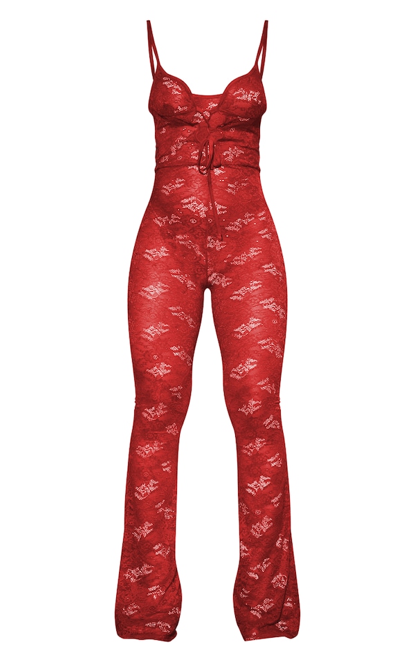 Red Lace Tie Detail Strappy Flared Jumpsuit image 5