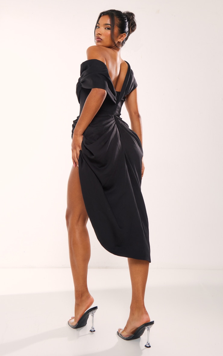 Black Corset Bardot Draped Midi Dress image 2