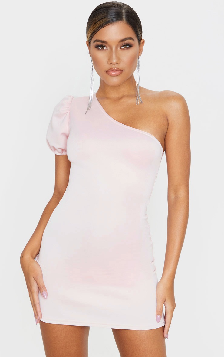 Dusty Pink One Shoulder Puff Sleeve Scuba Shift Dress