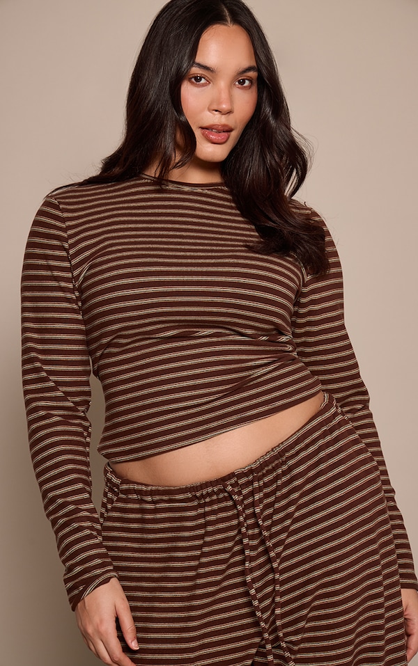 Plus Chocolate Striped Soft Fleece Long Sleeve Top