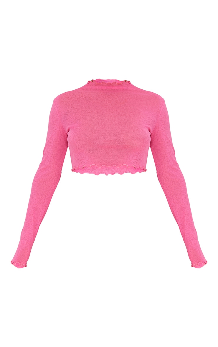 Bright Pink Burnout Mesh Frill Edge Long Sleeve Top image 5