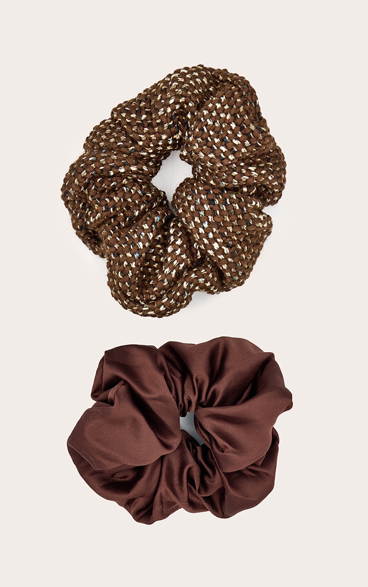 Brown Knitted & Satin Oversized Scrunchie 2 Pack image 1