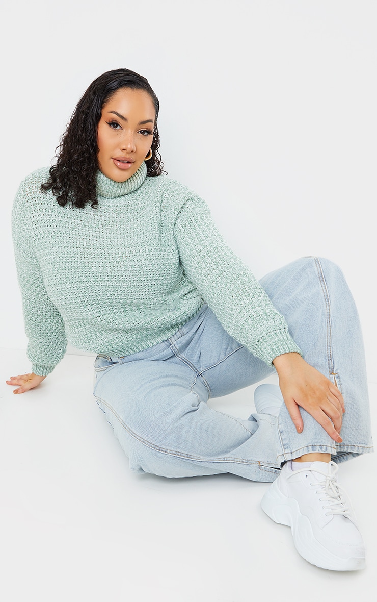Plus Sage Green Fisherman Knit Roll Neck Sweater