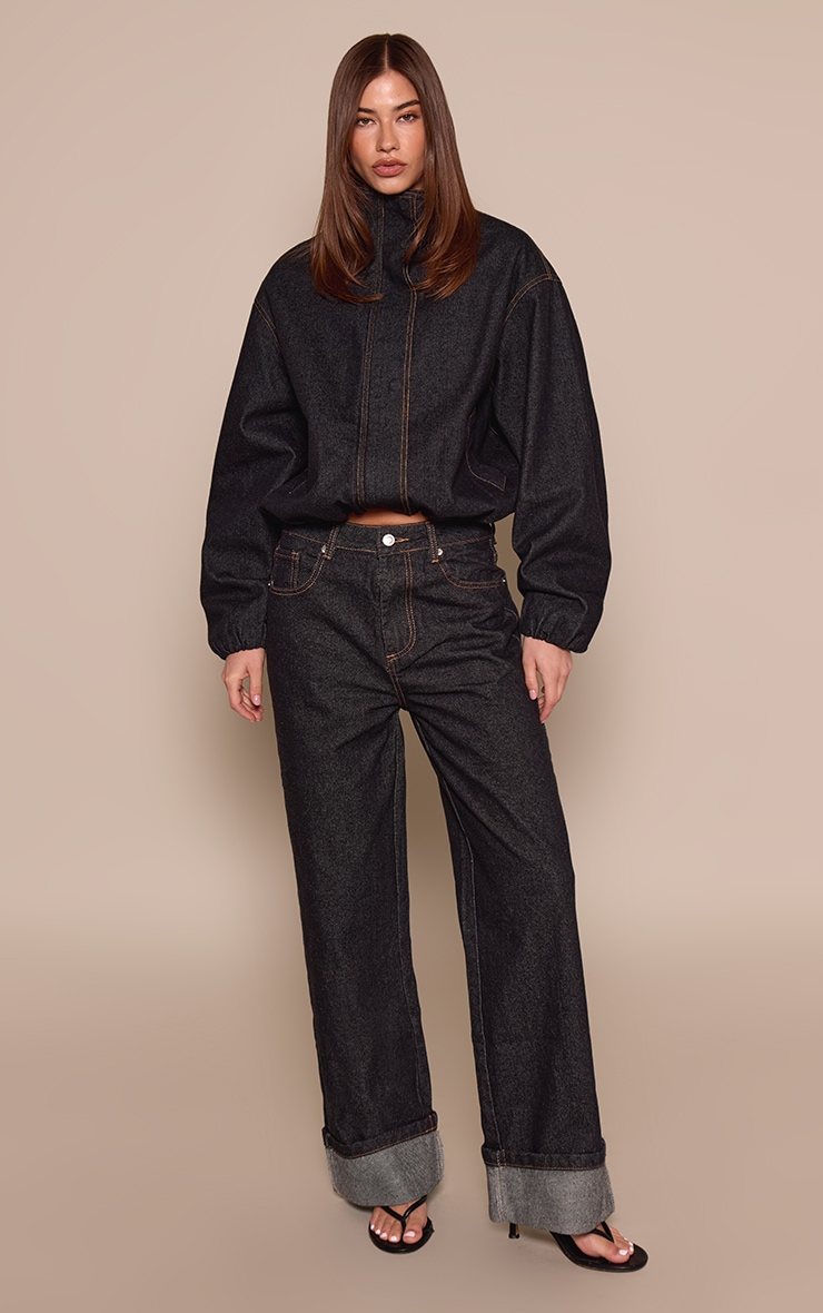 Raw Indigo Funnel Neck Concealed Placket Denim Jacket  image 3