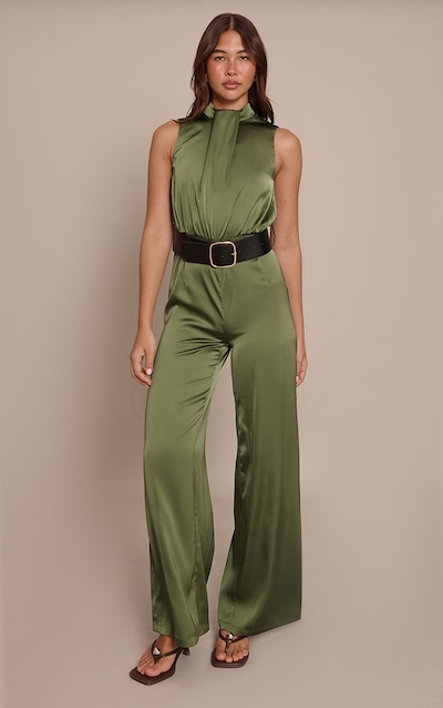 Khaki Satin High Neck Belt Detail Wide Leg Jumpsuit