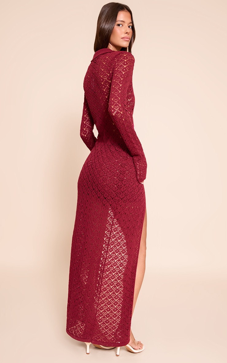 Cardigan long en maille style crochet rouge vin foncé image 2