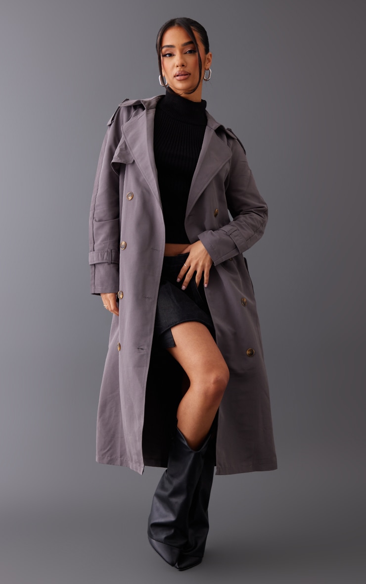 Petite Charcoal Tie Waist Trench Coat image 3