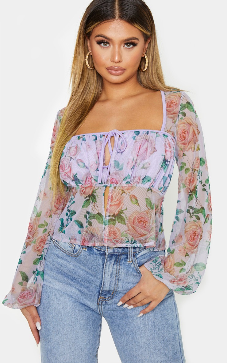 Top lilas transparent floral à lien frontal et manches cloche