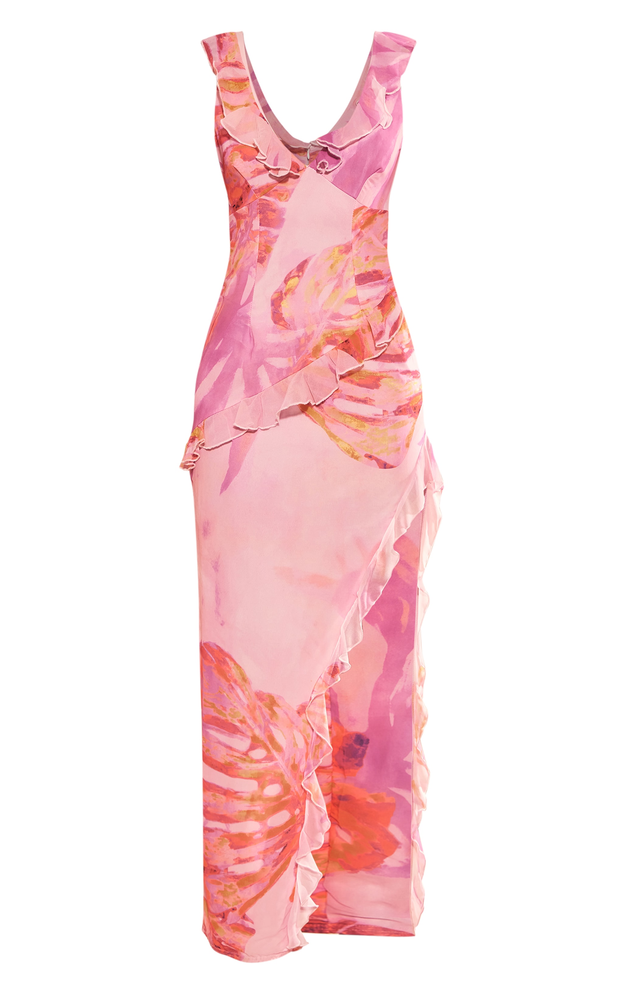 Pink Floral Asymmetric Frill Split Maxi Dress | Dresses