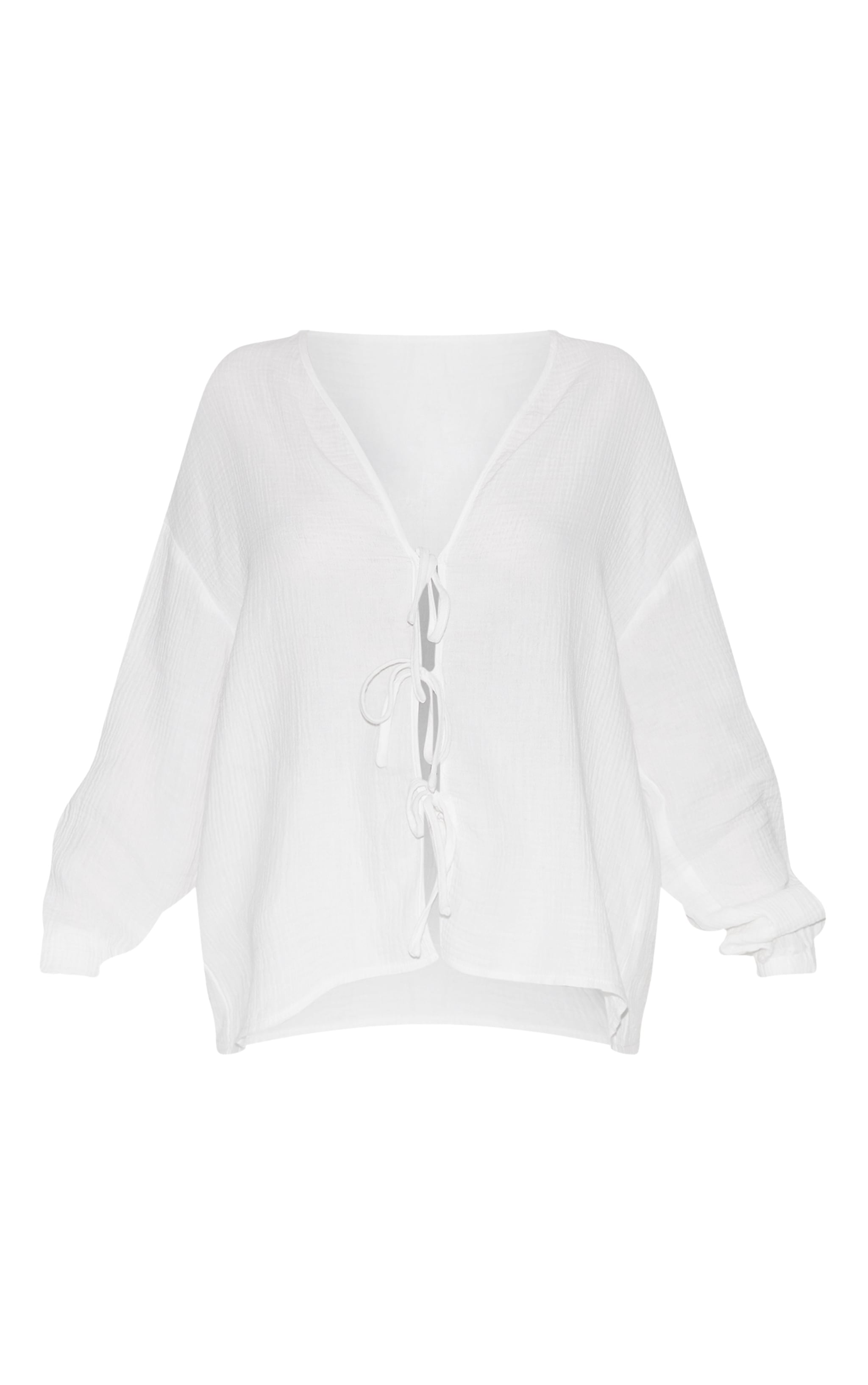 Petite White Cheesecloth Textured Tie Front Shirt image 5