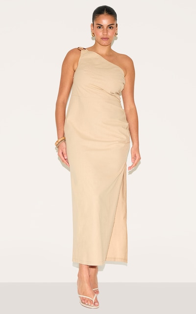 Plus Stone Linen Asymmetric Neckline Maxi Dress