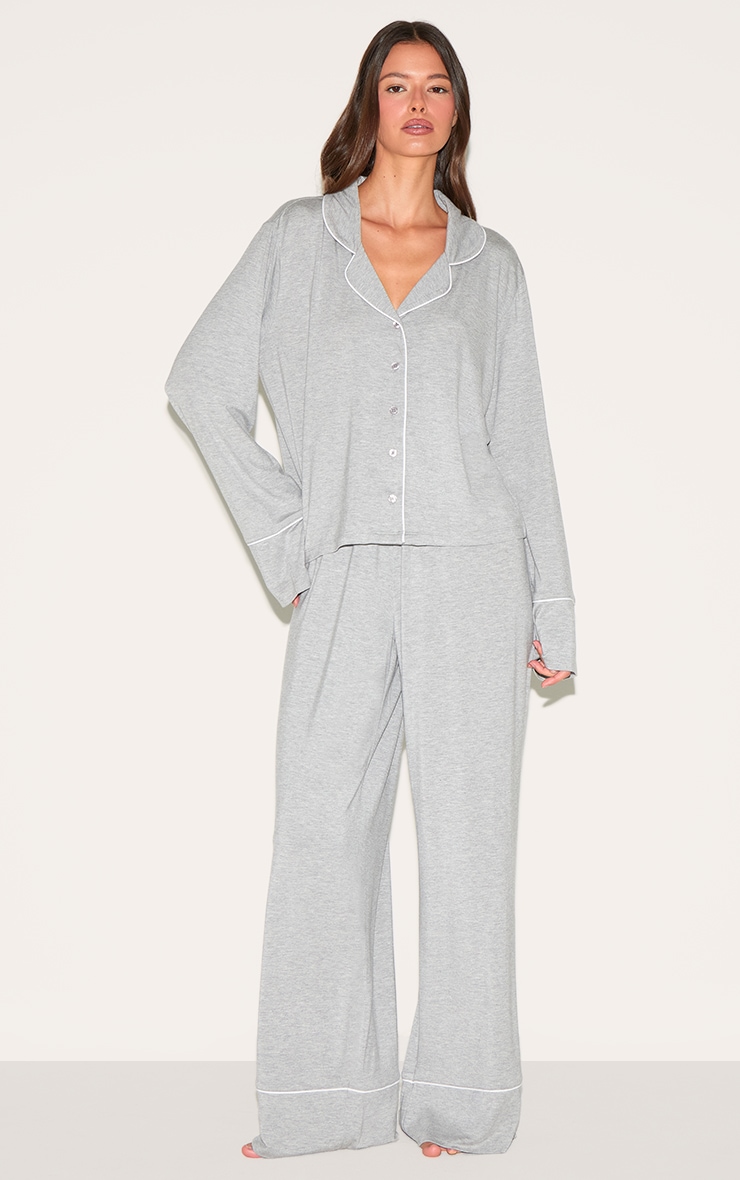 Grey Marl Modal Piping Long Pj Set image 1