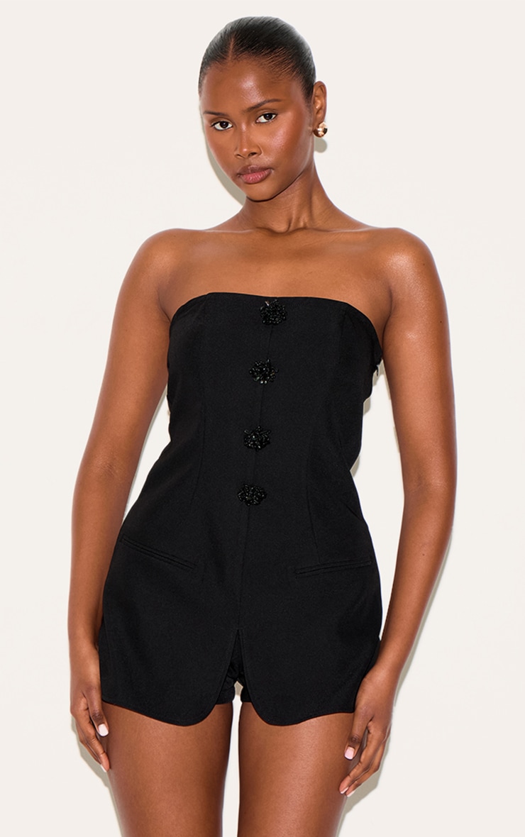 Black Beaded Button Detail Tailored Romper image 1