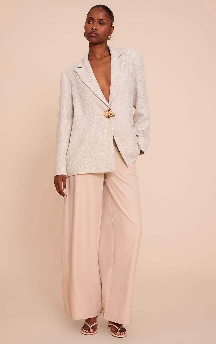 Beige Button Detail Linen Look Boxy Blazer image 3