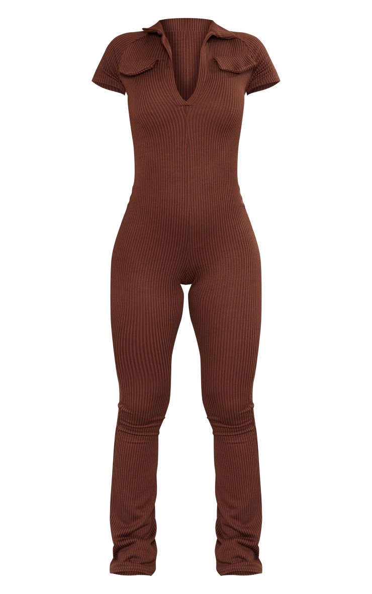 Chocolate Ribbed Pocket Detail Plunge Short Sleeve Jumpsuit image 2