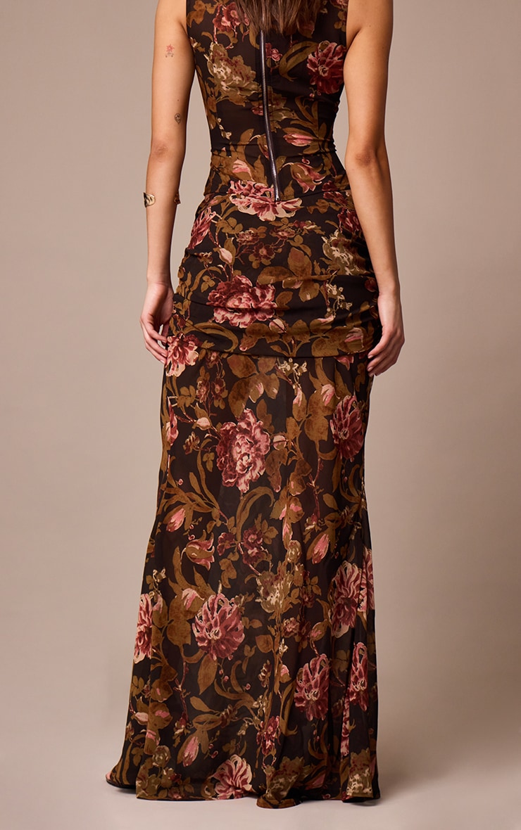 Black Floral Printed Chiffon Ruched Detail Maxi Skirt image 3