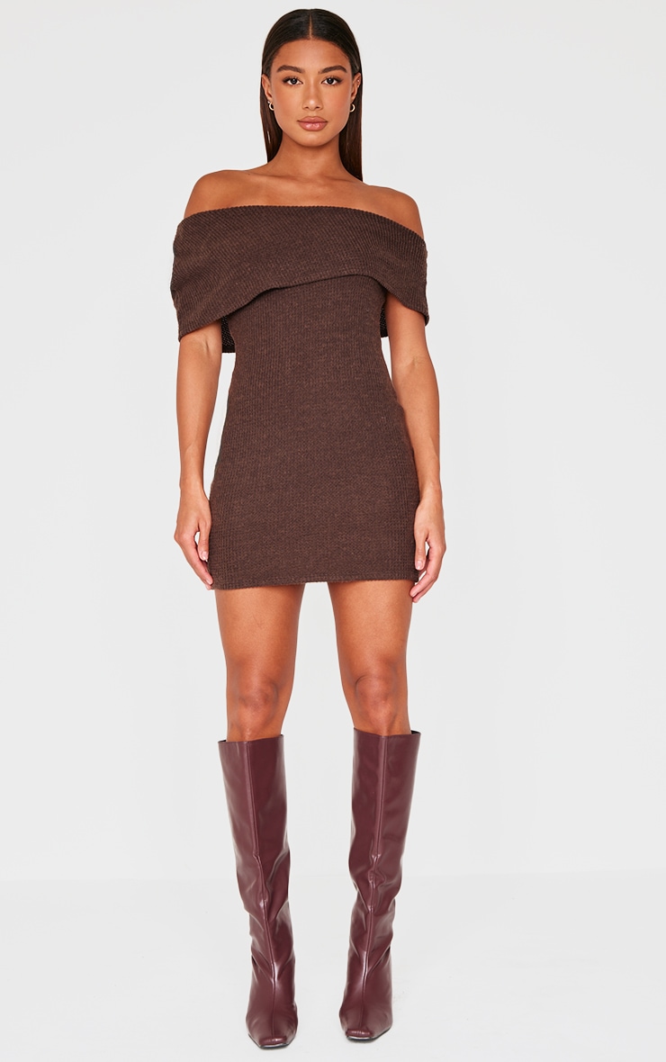 Chocolate Brushed Rib Asymmetric Bodycon Dress image 3