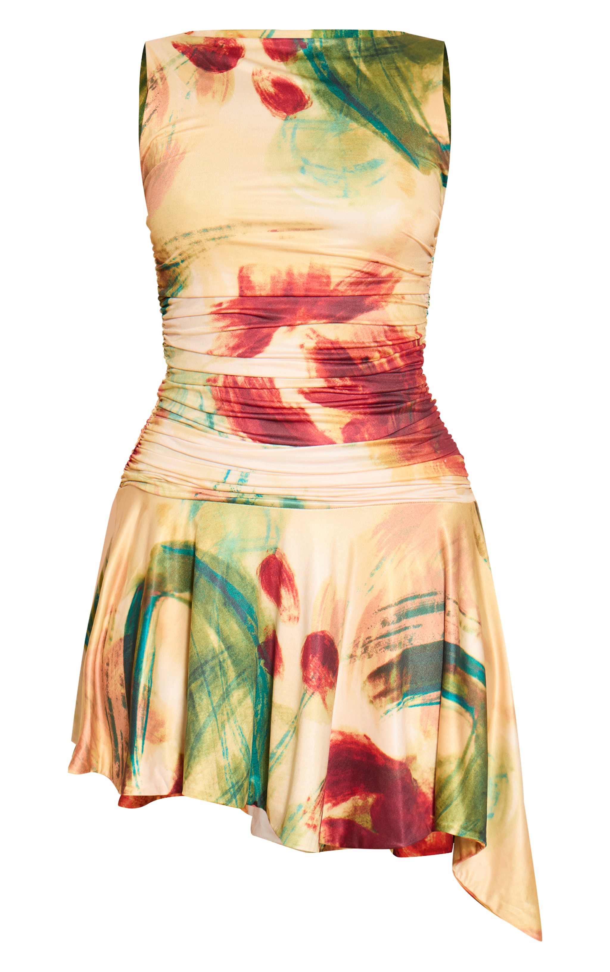 Cream Abstract Print Double Layer Slinky Ruched Drop Hem Mini Dress image 5