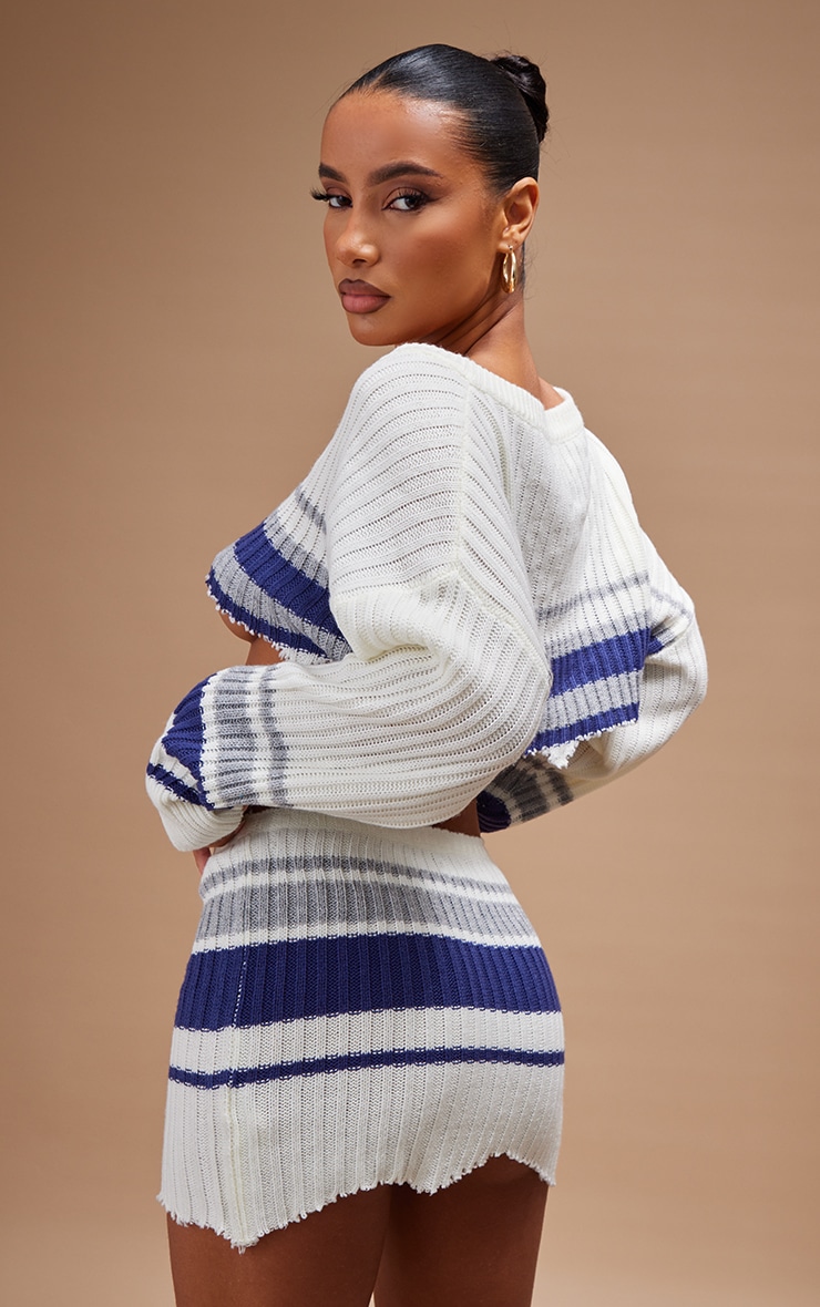 Cream Stripes Raw Edge Crop Knit Sweater image 2