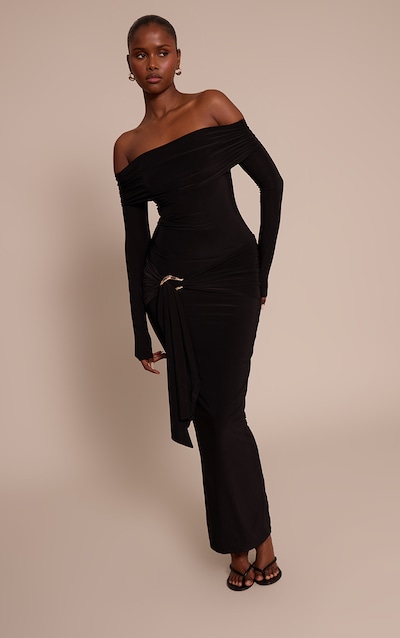 Black Slinky Off The Shoulder Wrap Maxi Dress