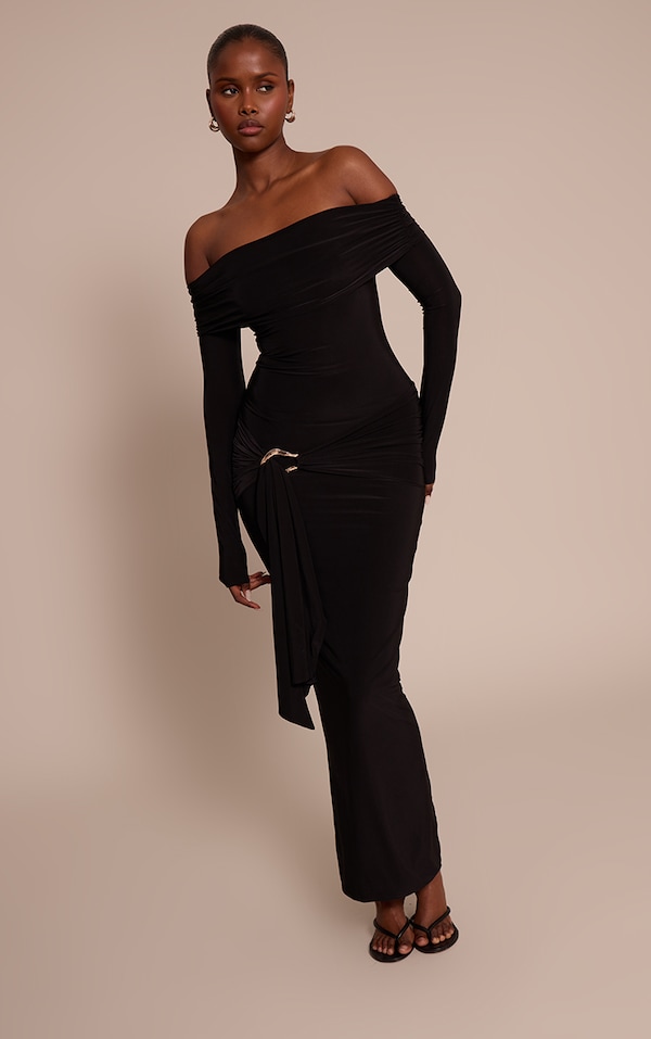Black Slinky Off The Shoulder Wrap Maxi Dress