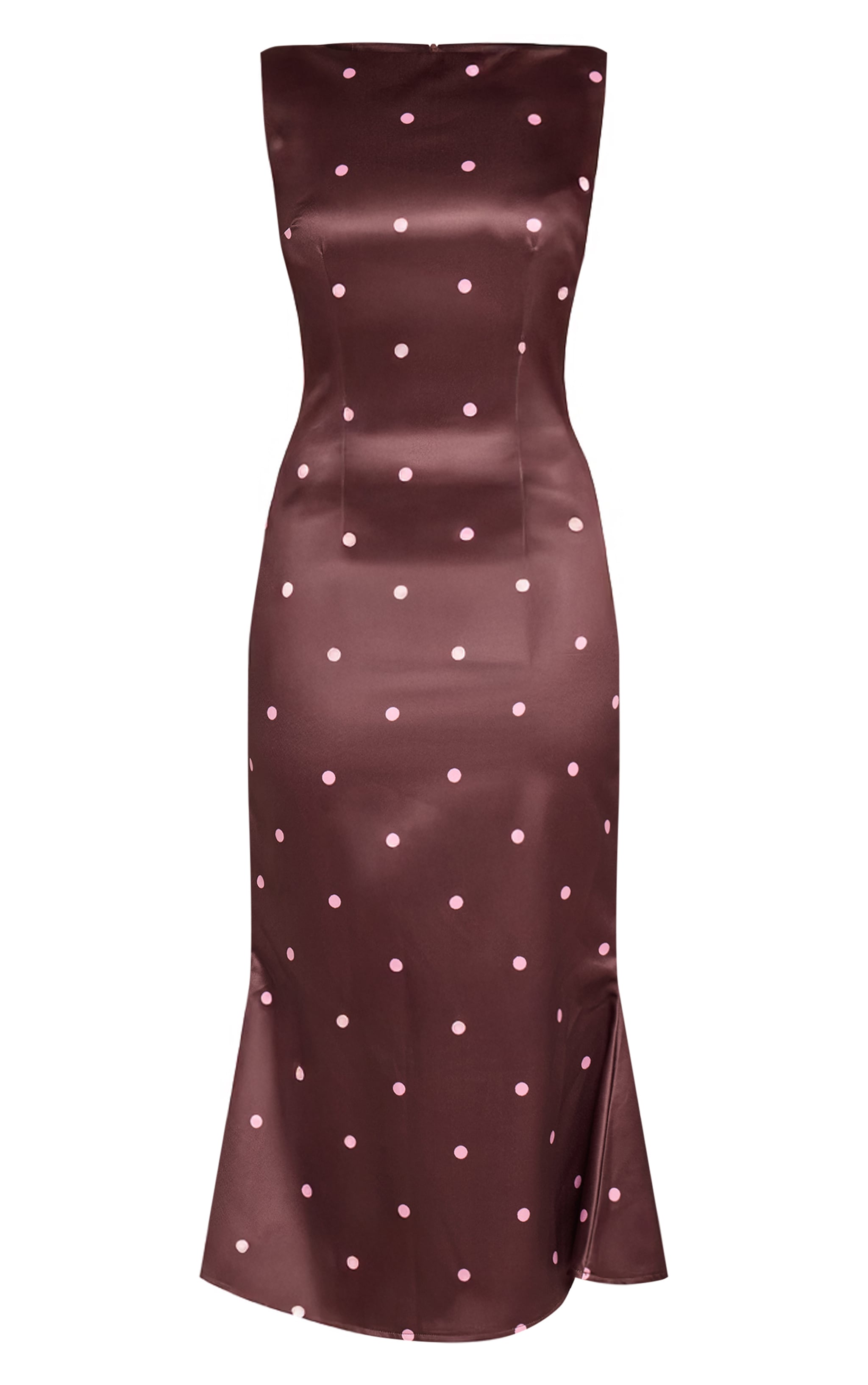 Brown Polka Dot Satin Boat Neck Fishtail Midaxi Dress image 5