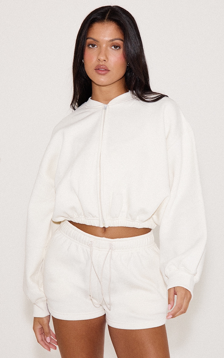Off White Drawcord Waist Cropped Zip Up Sweatshirt image 4