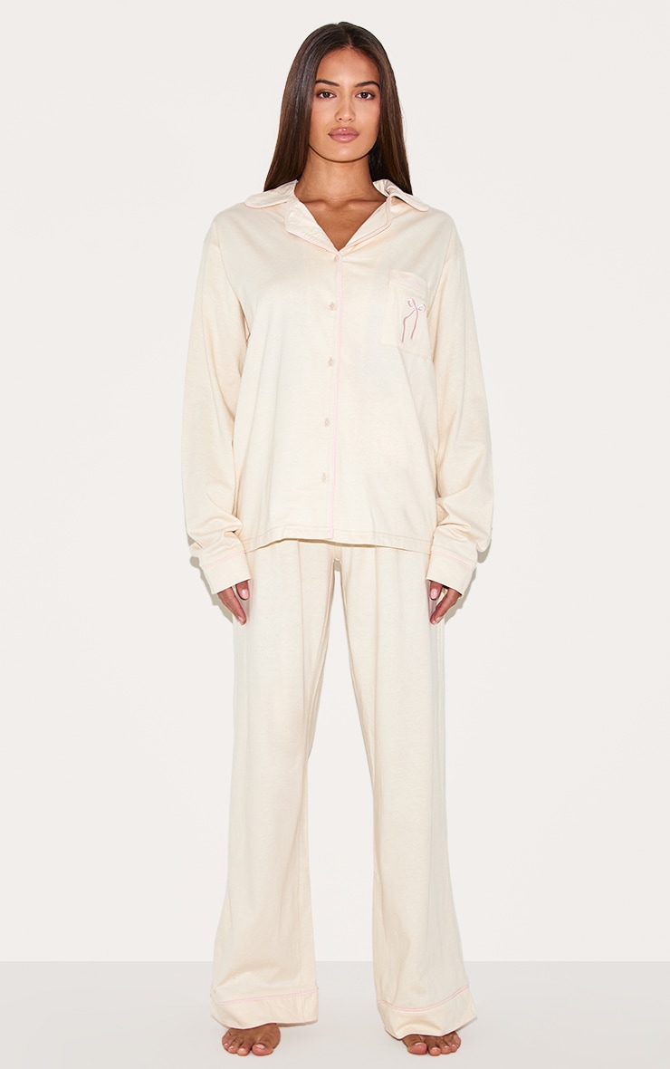 Cream Bow Embroidered Jersey Contrast Piping Long Pj Set image 3