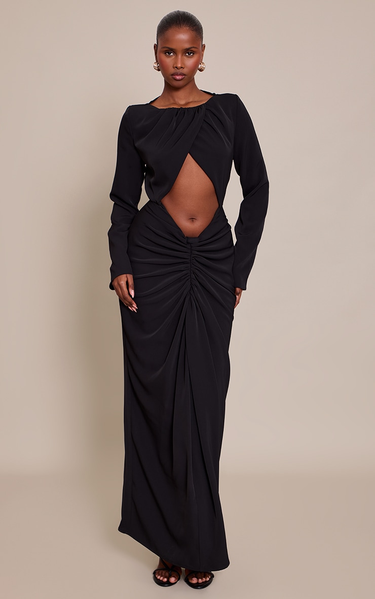 Black Cut Out Detail Woven Long Sleeve Maxi Dress image 1