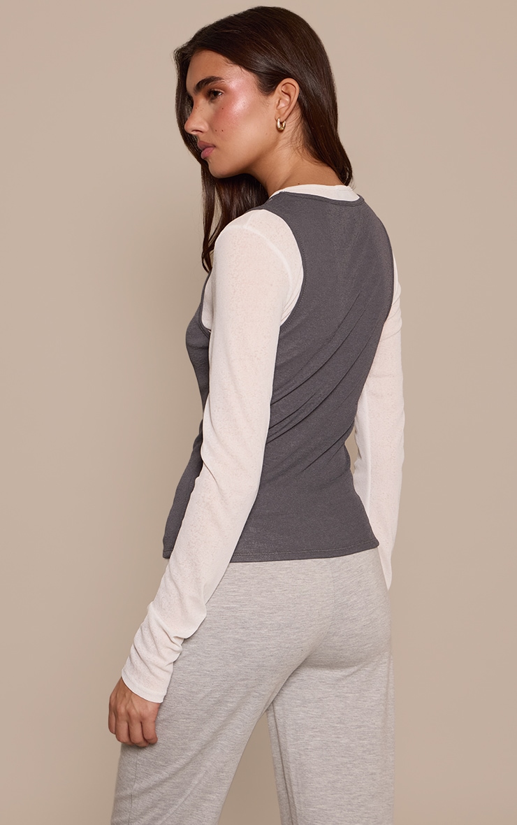 Grey Contrast Burnout Mesh Overlay Detail Long Sleeve Top image 2