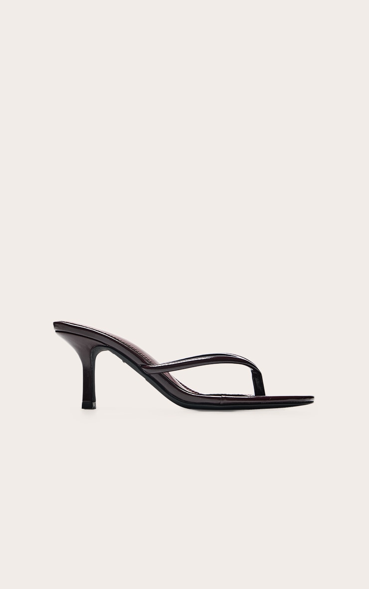 Chocolate Plum Patent PU Round Toe Thong Mid Heeled Mules image 2