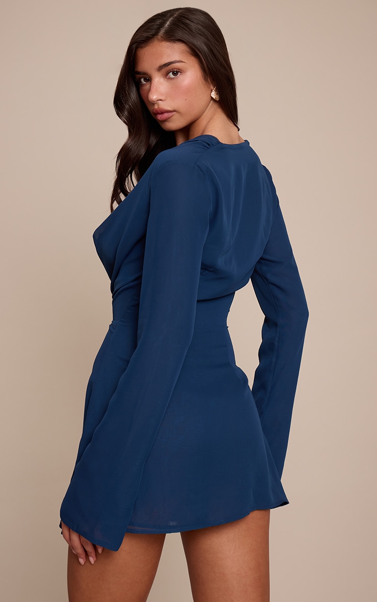 Navy Chiffon Cowl Neck Flute Sleeve Shift Dress image 2