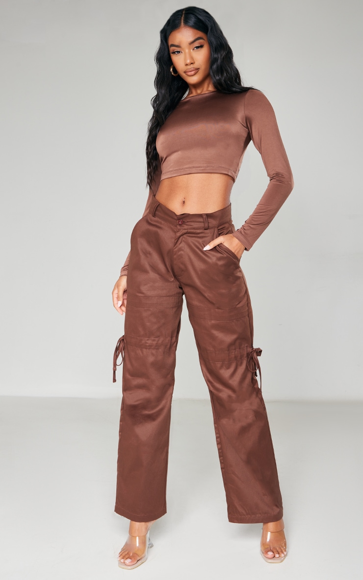 Dark Brown Slinky Long Sleeve Crop Top image 3