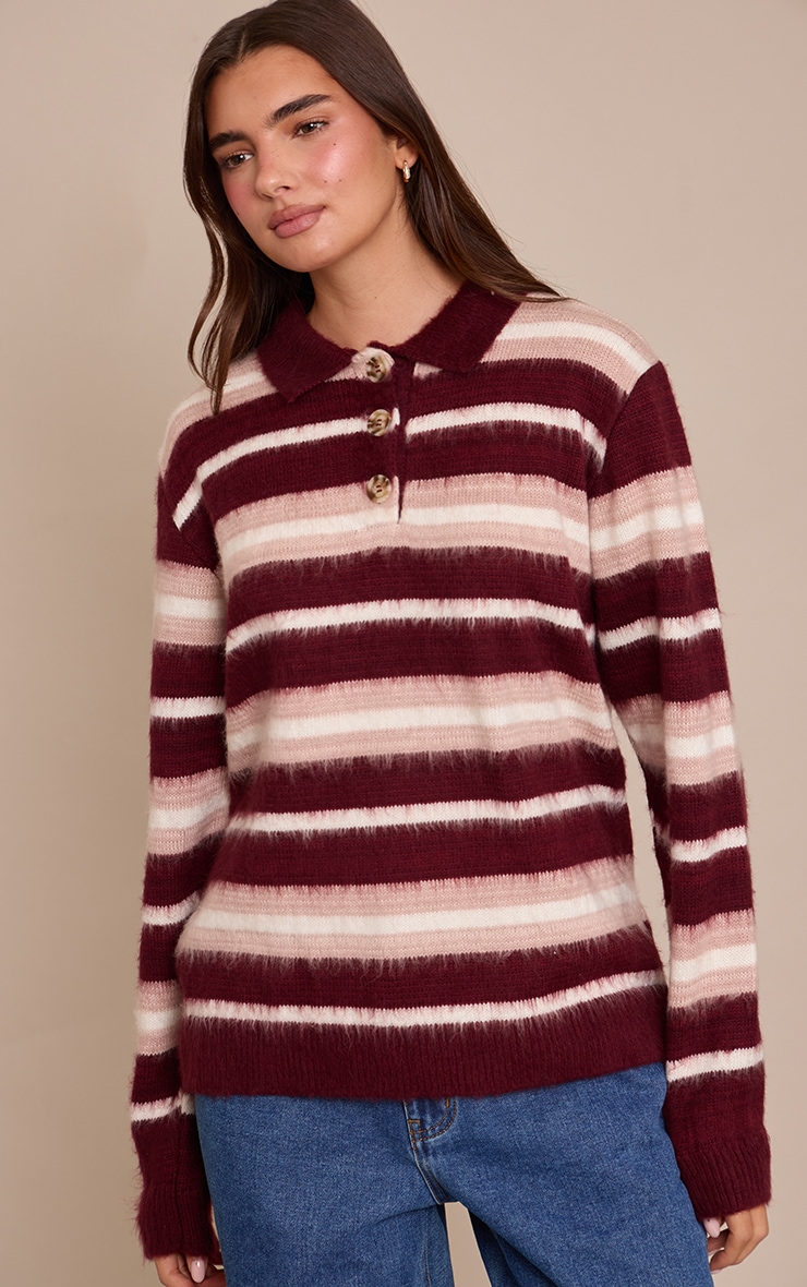 Burgundy Brushed Stripe Rugby Shirt image 4