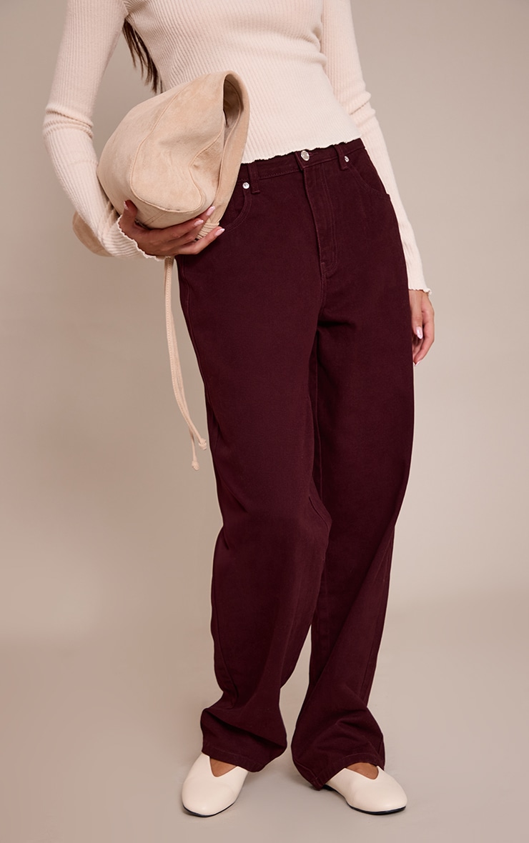 PRETTYLITTLETHING Burgundy Mid Rise Boyfriend Jeans image 2