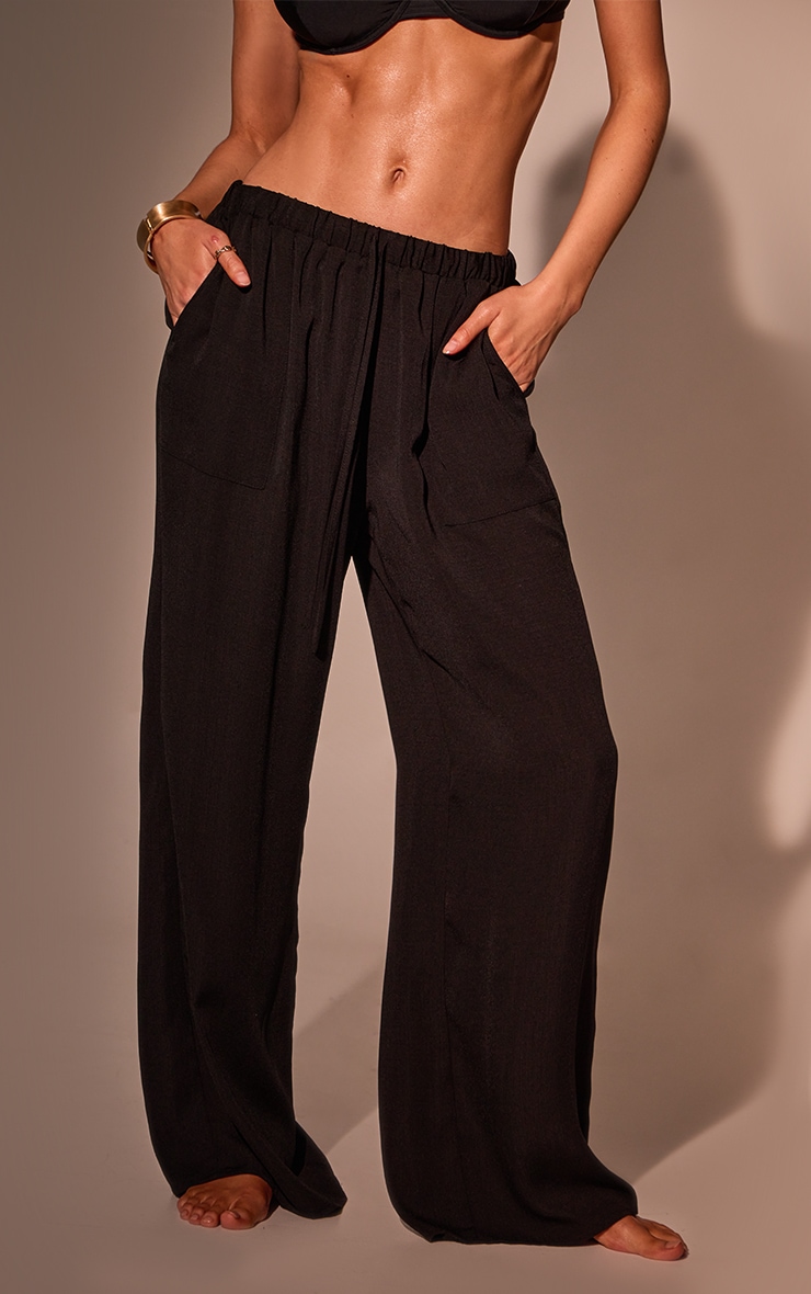 Black Linen Look Drawstring Beach Trousers image 2