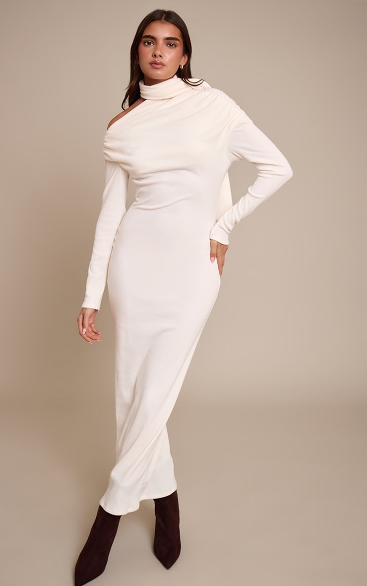Cream Brushed Rib Scarf Detail Long Sleeve Asymmetric Ruched Maxi Dress image 1