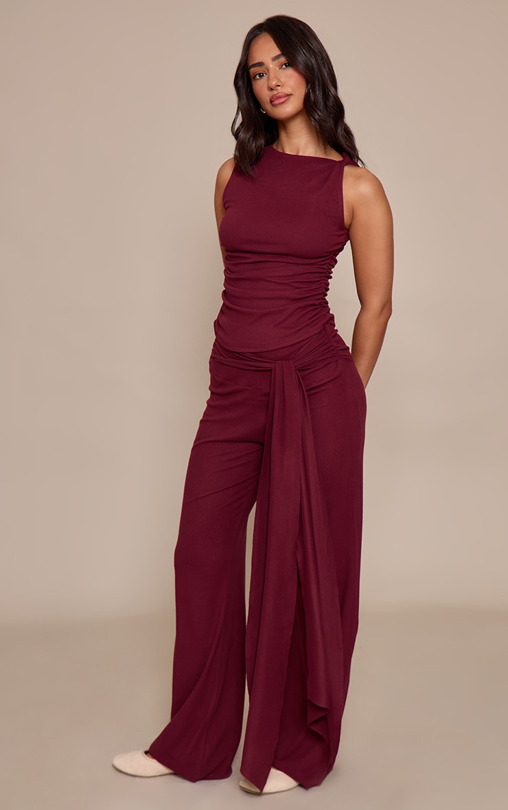 Petite Burgundy Drape Detail Wide Leg Pants  image 2