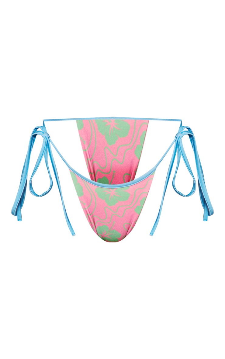Pink Hawaiian Print Contrast Binding Tie Side Bikini Bottoms