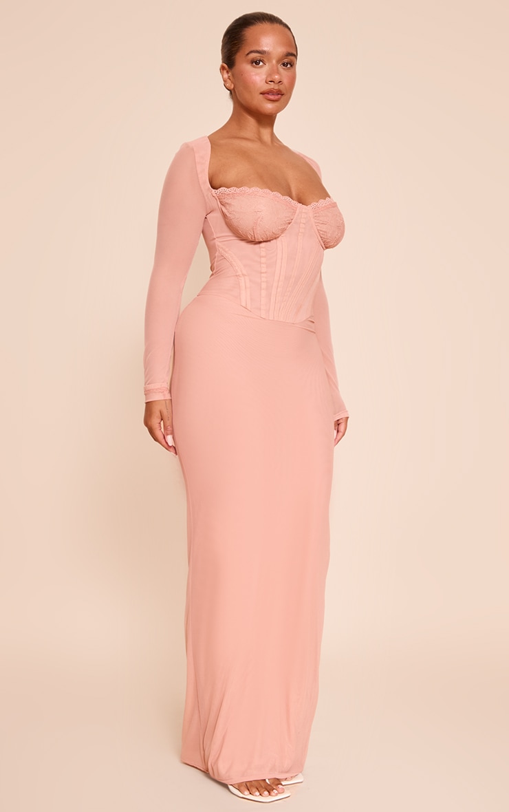 Shape Peach Mesh Lace Insert Corseted Maxi Dress