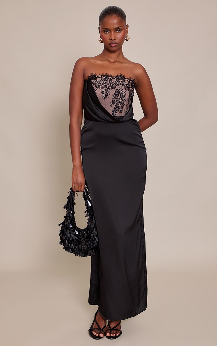 Black Satin Lace Detail Maxi Dress image 1